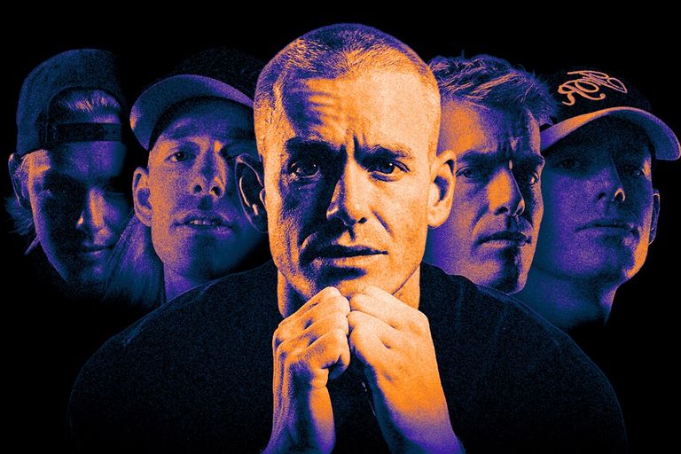 Australian DJ Will Sparks front and center with hands clasped, flanked by multiple shadowy, blue and orange-lit portraits of himself.